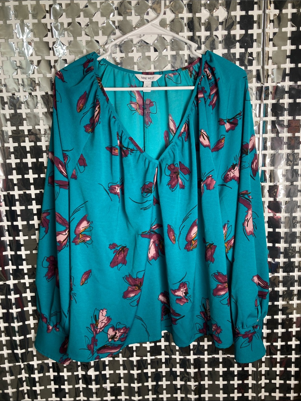 Nine West Teal Floral V-Neck Blouse